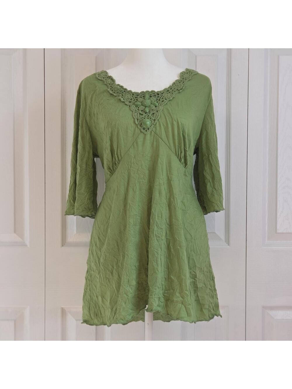 Green Beaded Crochet Tunic Babydoll Blouse Size L Y2K Boho 70s Hippie Fairy Top